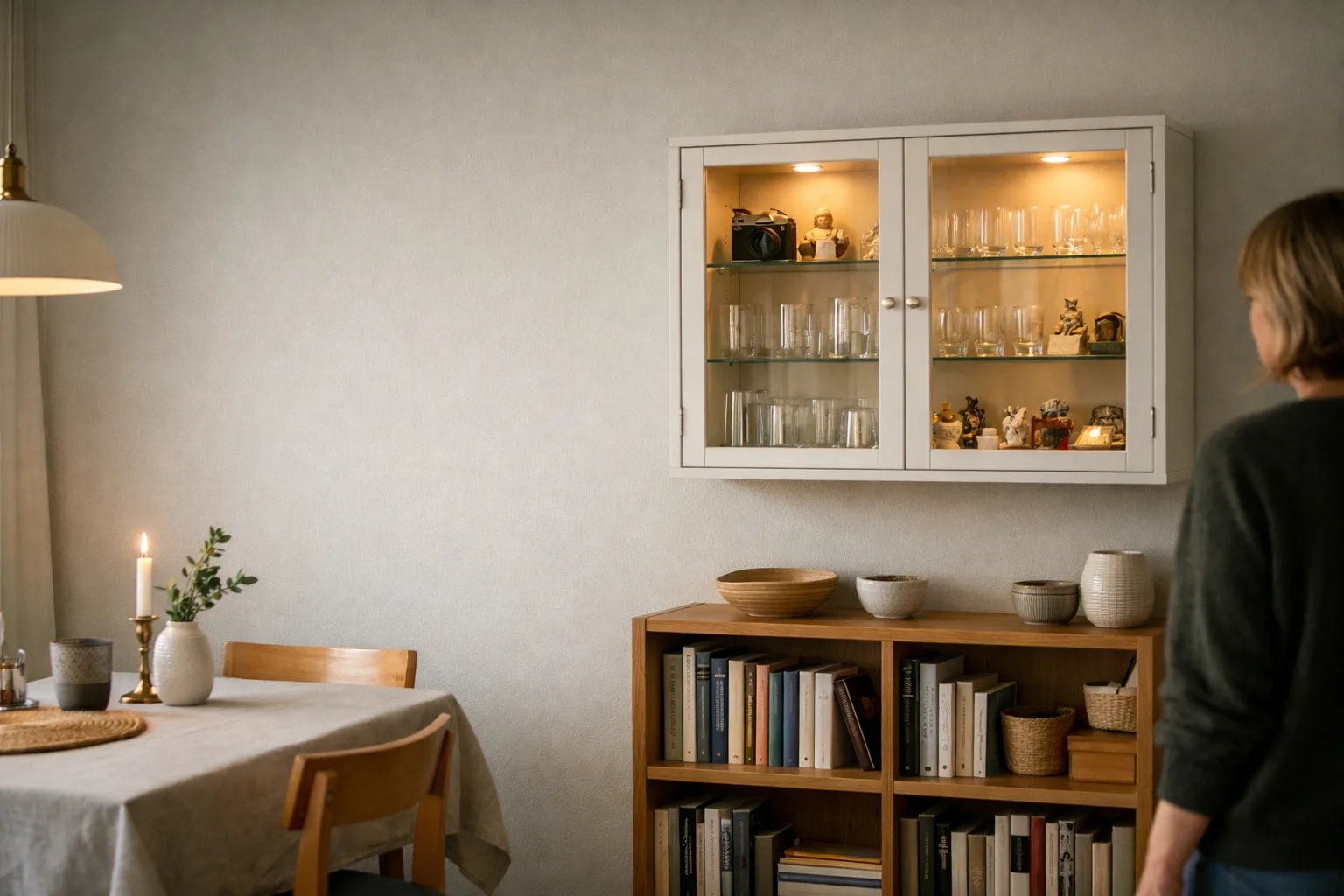 Vägghängt vitrinskåp med dricksglas och små samlarföremål ovanför en bokhylla.
